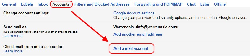 Gmail settings Accounts tab