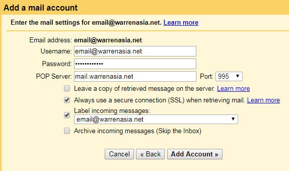 Gmail external POP settings